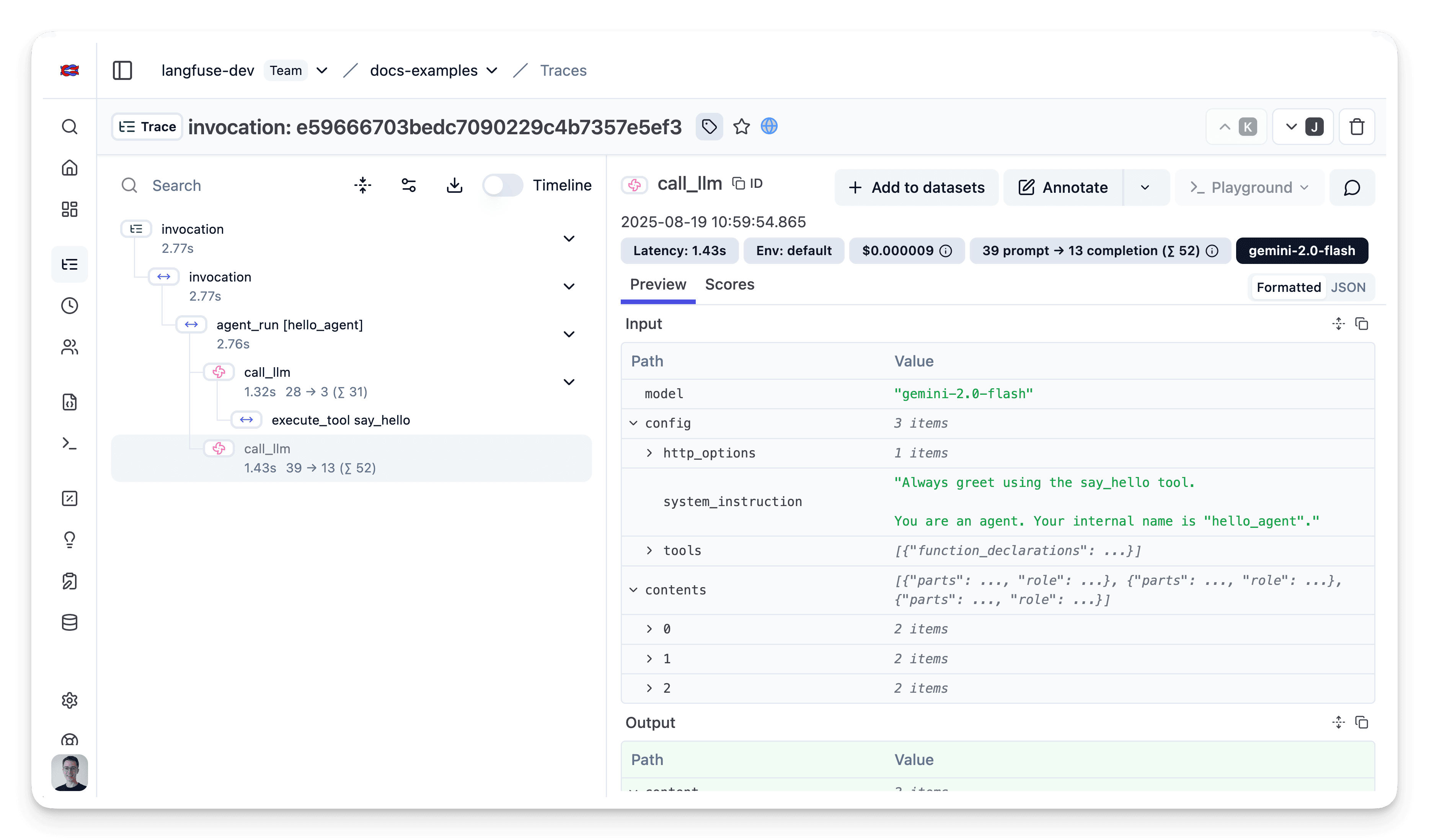 Google ADK example trace in Muster