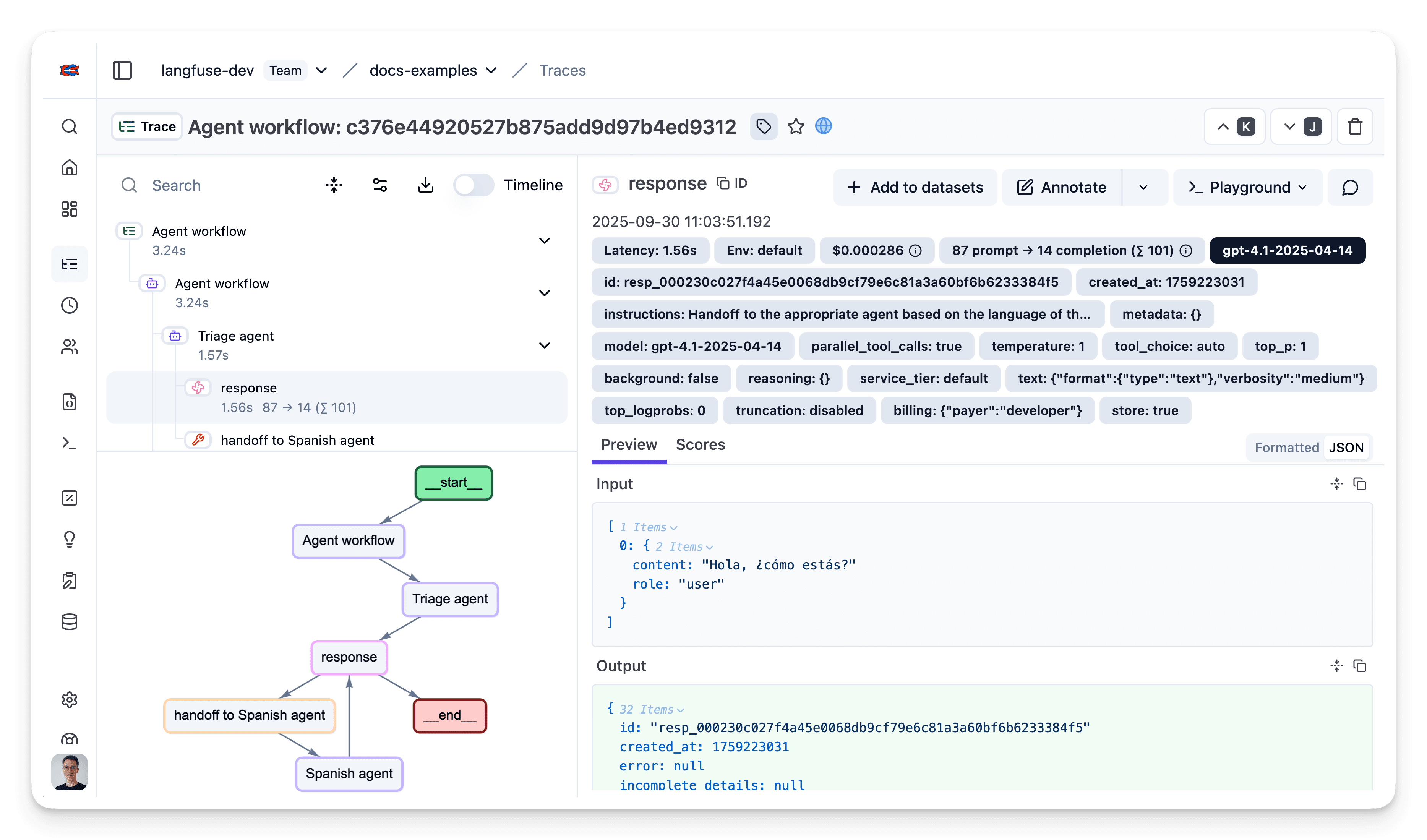 Multi-agent handoff trace