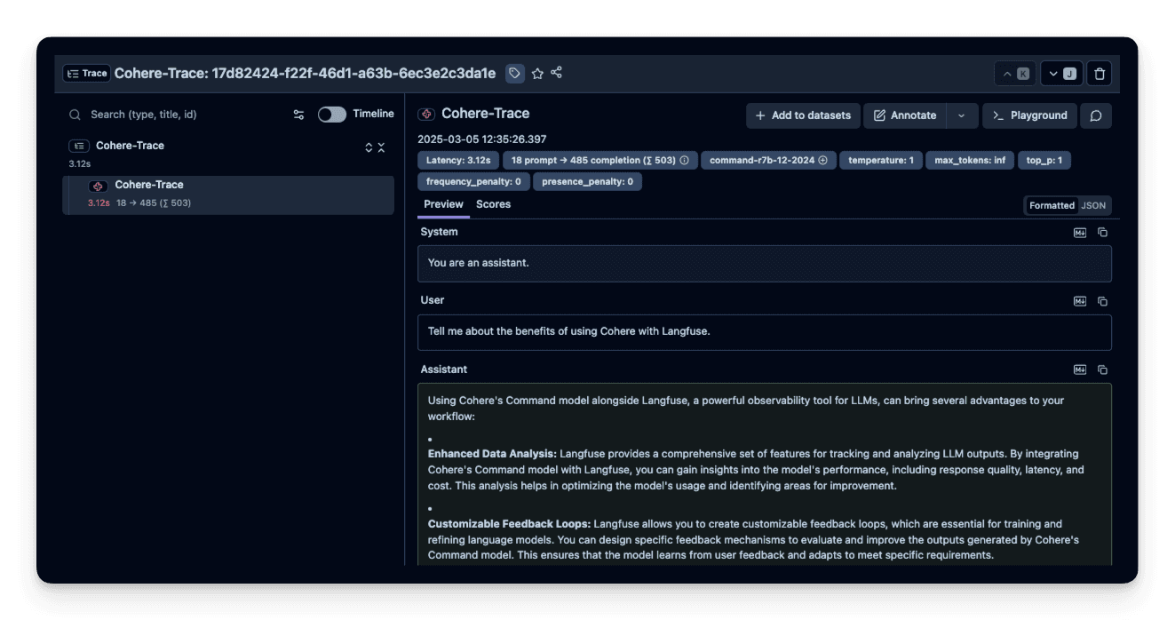 Cohere trace example in Muster