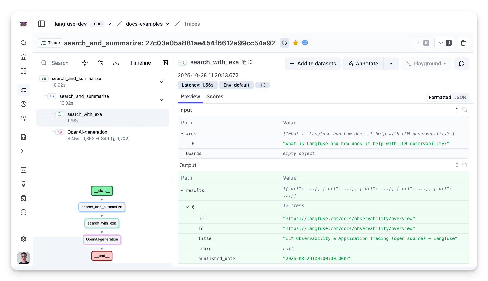 Exa search trace in Muster