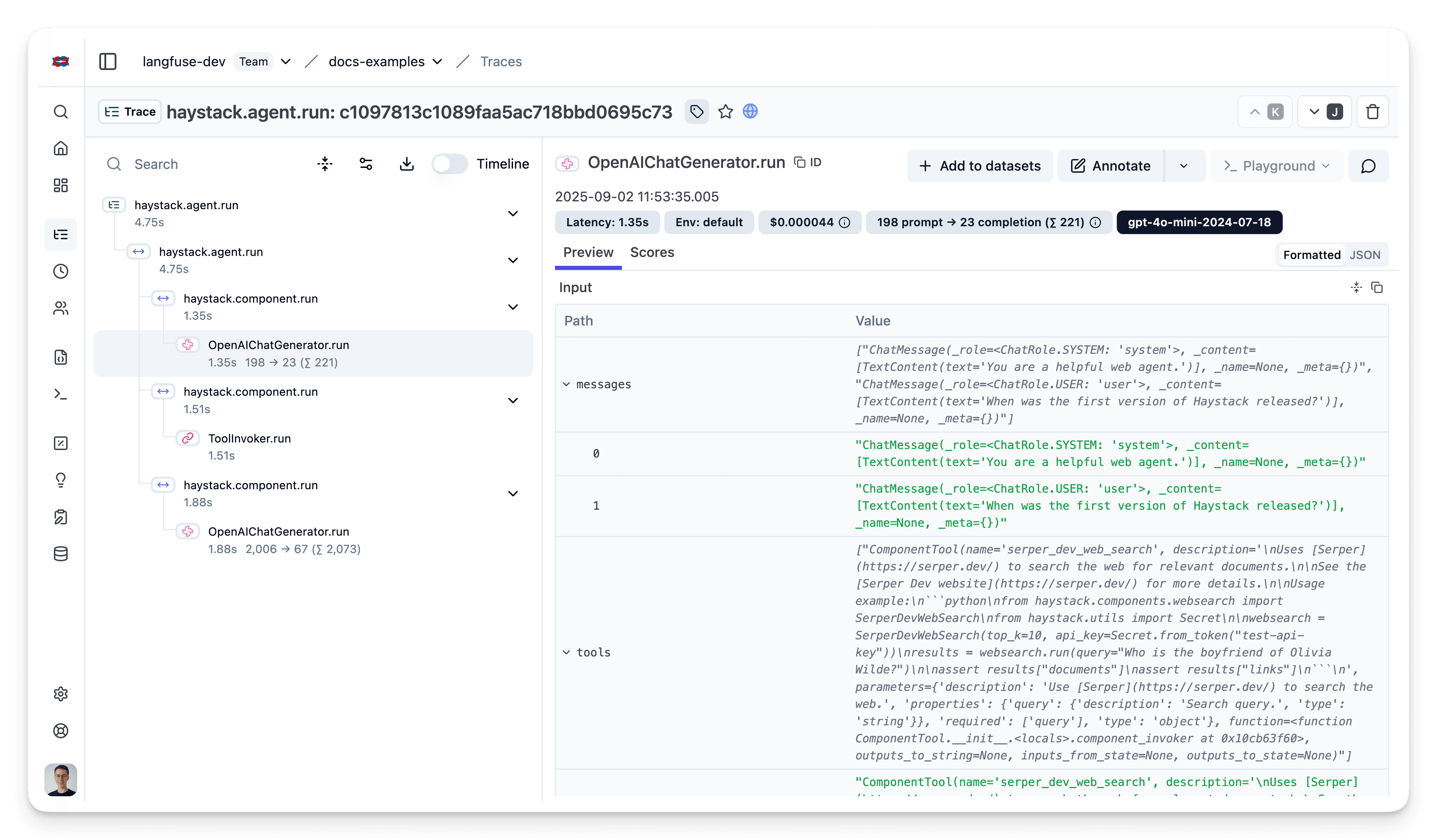 Haystack trace example