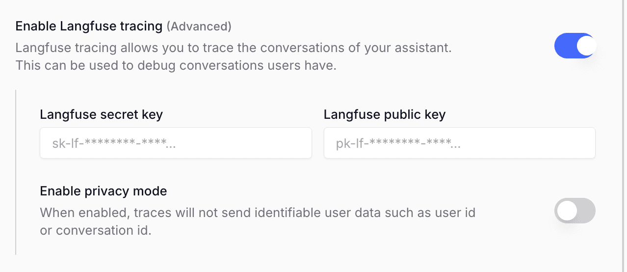 Langdock — enable tracing for an assistant