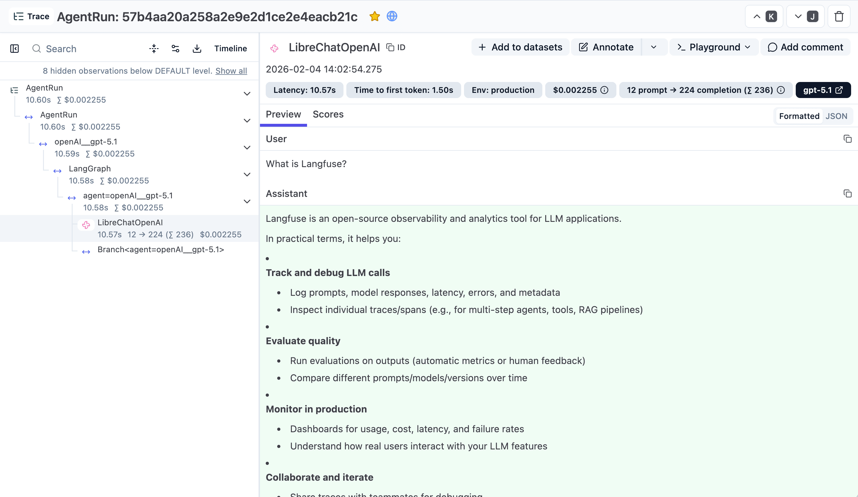 LibreChat trace example in Muster