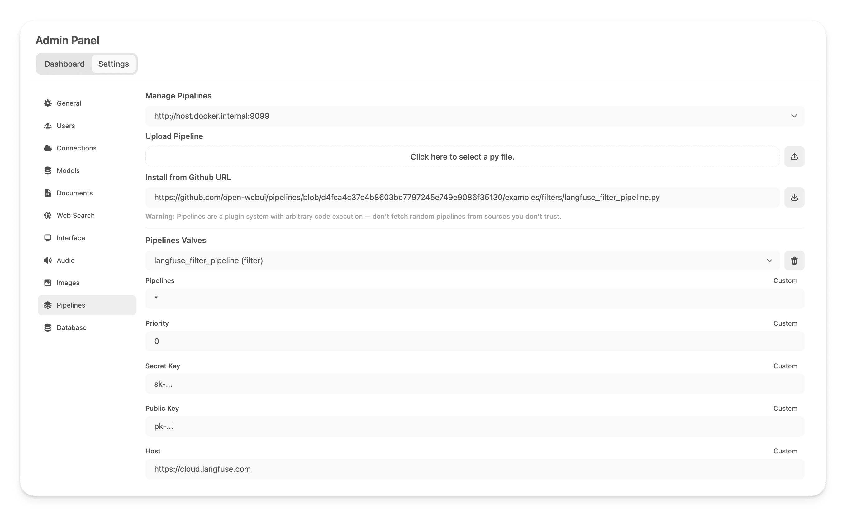 Adding the Langfuse Pipeline in Open WebUI